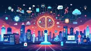 AI represented as a glowing brain with circuitry, surrounded by symbols of manufacturing, finance, healthcare, and customer service, with a futuristic cityscape in the background.