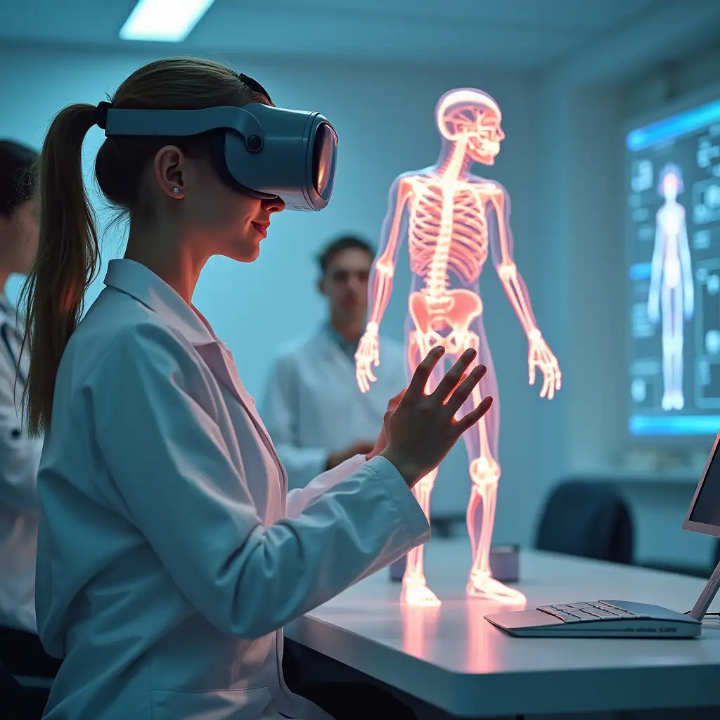 A bright, modern classroom showcasing students using cutting-edge tools: one with a VR headset interacting with a floating 3D anatomical model, another practicing medical procedures with a haptic feedback device, and a holographic AI assistant guiding a diagnostic scenario on a glowing screen.