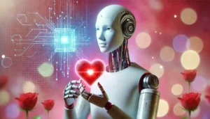 An abstract representation of AI and emotions, featuring a robot with a glowing heart symbolizing the concept of love in artificial intelligence.