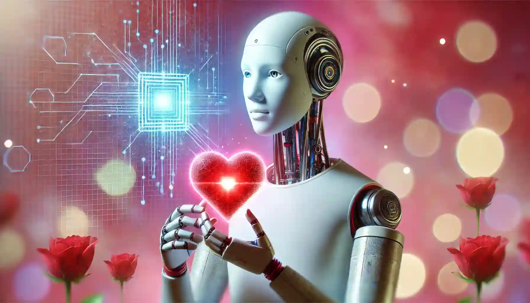 An abstract representation of AI and emotions, featuring a robot with a glowing heart symbolizing the concept of love in artificial intelligence.